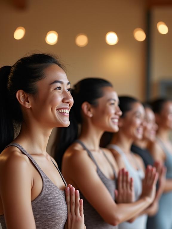 A group of diverse people smiling in the yoga studio, embodying warmth and community.