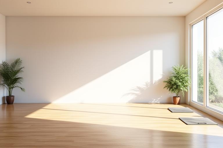 The spacious main yoga room, bathed in natural light with warm wooden floors, inviting a sense of peace.