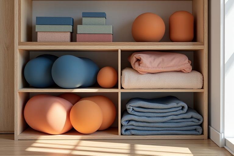Neatly arranged yoga props including colorful blocks, soft blankets, and supportive bolsters, ready for use.