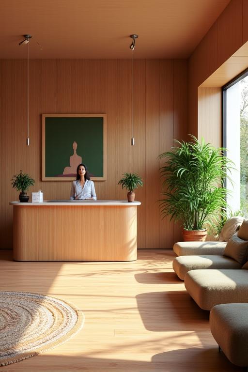 The warm and inviting reception area of the studio, featuring comfortable seating and lush green plants.