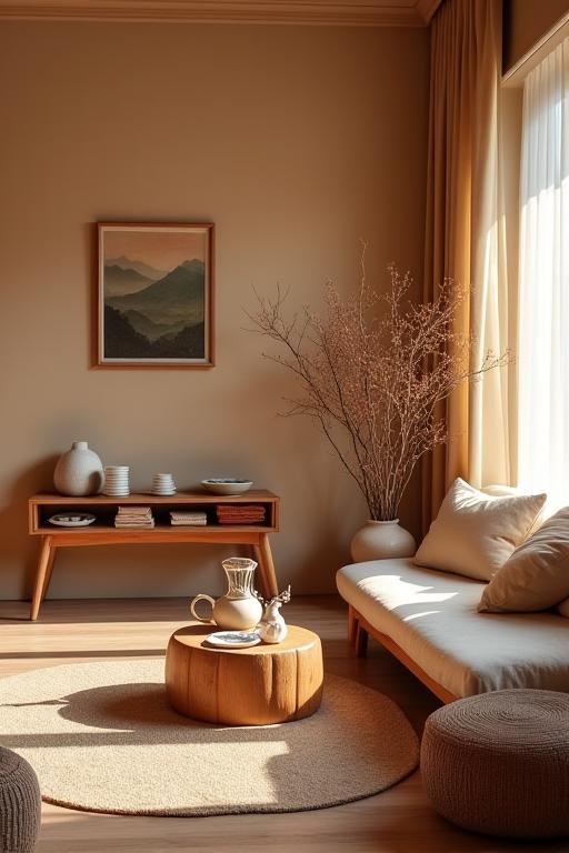 A serene tea lounge area within the studio, featuring a cozy seating arrangement and a self-serve tea station.