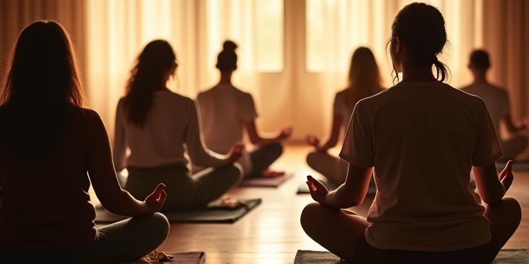 Participants engaged in a guided mindfulness meditation session, surrounded by calming light.